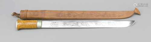 Finnisches Lappland-Messer in Lederscheide, 20. Jh., Griff aus hellem Wurzelholz, Klingeeinseitig