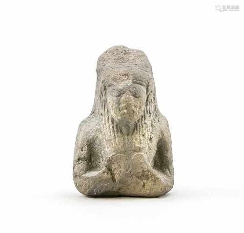 Oberer Teil einer kleinen Pharaonenstatuette (Ushebti), antik?, grau-brauner Stein/Ton?,H. 5 cm