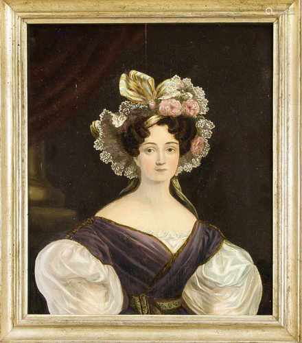 Portraitmaler 1. H. 19. Jh., Bildnis einer Dame mit blumengeschmücktem Haar, Öl auf Holz,unsign.,