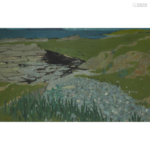 FRANCES WALKER (SCOTTISH B.1930) SPRING, ORONSAY LOOKING TOWARDS ISLAY, C.1965 Signed, oil on
