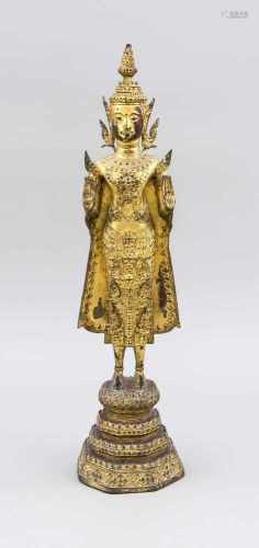 Buddha Rattanakosin, Thailand, 19. Jh. Bronze mit Goldlack. Achtpassiger, dreistufigerSockel, darauf