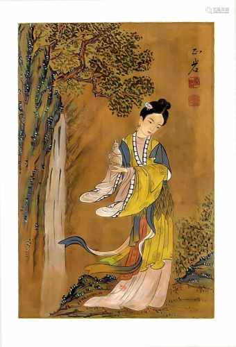 Chinesische Malerei, 20. Jh., Tempera u. Tusche auf Seide, Dame mit Deckelgefäß vor