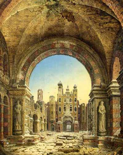 Jacob Jacobson (1818-1891), Kirchenruine mit Blick auf eine phantastisch wirkendeKirchenfassade,