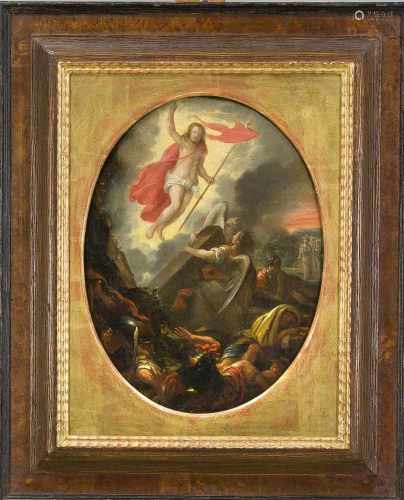 Italienischer Maler um 1700, die Auferstehung Christi, Öl/Lwd. im Oval, unsign., doubl.,rest. u.