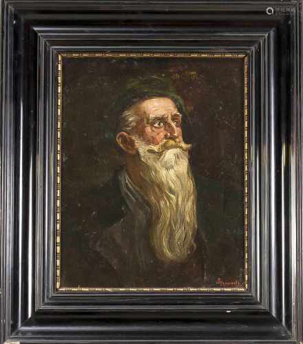 Sign. Steinmetz, Bildnismaler um 1900, Portrait eines bärtigen Mannes mit grüner Mütze, Ölauf