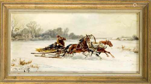 L. Andrejeff, russischer Maler um 1900, Paar russischer Winterlandschaften mit stürmendenTroikas, Öl