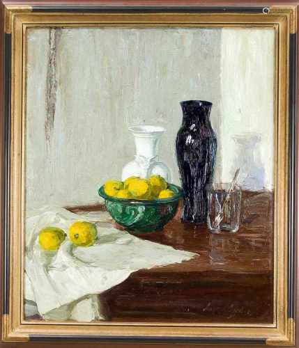 Unidentifizierter Maler Anfang 20. Jh., Stillleben mit Vasen und Zitronen, Öl auf Lwd., u.re.