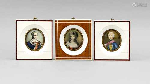 Konvolut von drei Miniaturen mit historischen Persönlichkeiten, ovale Portraits in Temperaauf