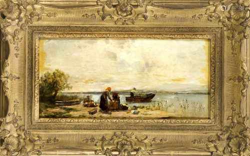 Robert Schleich (1845-1934), Münchner Landschaftsmaler, Partie am Chiemsee mit Fischern amUfer, Öl