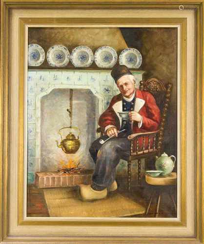 Genremaler 2. H. 20. Jh., Tee trinkender Friese am Kamin, Öl auf Lwd., u. li. undeutlichsign., 50