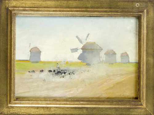 Petr Alekseevich Levchenko (1856-1917) (attrib.), Windmühlen in offener Landschaft, Öl aufKarton,