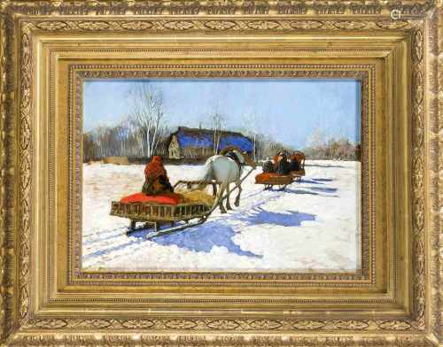 Andrei Afanasevich Jegorov (1878-1954), russischer Maler, sonnige Schneelandschaft mitHeimkehrern