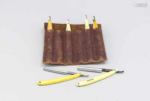 Rasiermesser-Set in Leder-Etui, 1. H. 20. Jh., Griffe aus Horn und Kunststoff,unterschiedliche