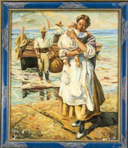 Gines Boza, 2. H. 20. Jh., Fischerfamilie am Strand, Öl auf Lwd., u. li. sign., Abplatzeru. re.,