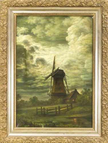 Sign. L. Bauer, Maler um 1900, Windmühle in mondheller Nacht, Öl auf Lwd., u. li. sign.,retusch., 65