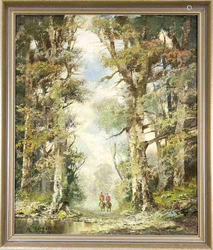 Münchner Maler 2. H. 20. Jh., zwei Parforcejäger im Wald, Öl auf Lwd., u. li. undeutlichsign. 