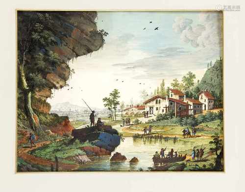 Monogrammist G.M.G. Ende 18. Jh., Gehöft in den Bergen mit reicher Figurenstaffage,Gouache auf