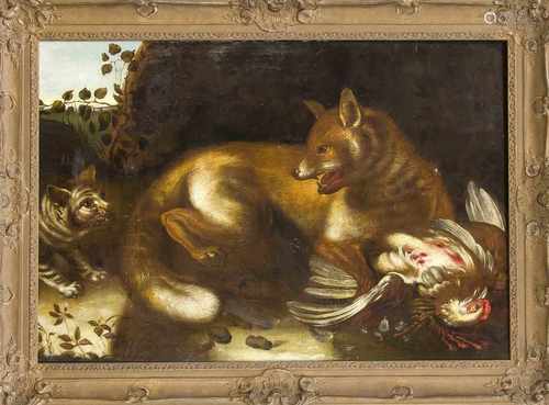 Paul de Vos (1595-1678) Nachfolge. Flämisches Jagdstück mit einem großen Fuchs, der durcheine sich