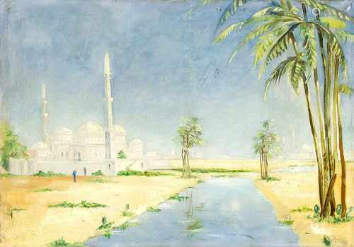 Sig. Ressel, Orientalist 1. H. 20. Jh., Moschee in einer Wüstenlandschaft, Öl auf Lwd., u.re.