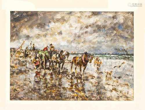 Julius Seyler (1873-1958), Münchner Impressionist, Fuhrwagen am Strand, Öl auf Papier, u.re.