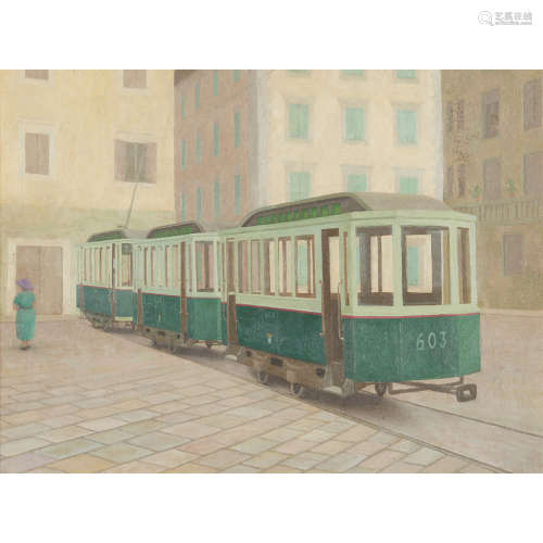 ROBERT SAWYERS (BRITISH 1923-2002) FLORENTINE TRAMS Signed and inscribed with title verso, oil