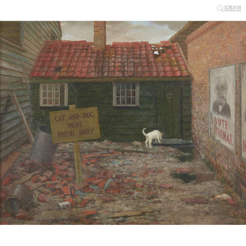 ROBERT SAWYERS (BRITISH 1923-2002) CAT AND DOG MEAT SHOP Signed with initials, oil on canvas