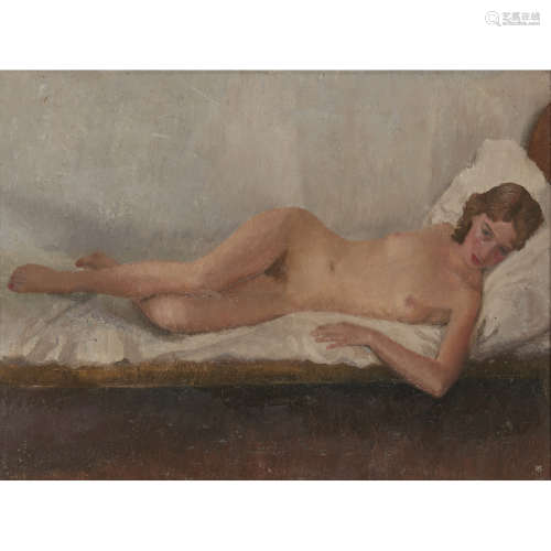 ROBERT SAWYERS (BRITISH 1923-2002) RECLINING NUDE Signed with initials, oil on board 44cm x 60cm