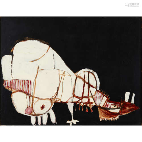 PAT DOUTHWAITE (BRITISH 1939-2002) ANIMAL WITH SHARP TEETH, C. 1965 oil on board 70cm x 90cm (