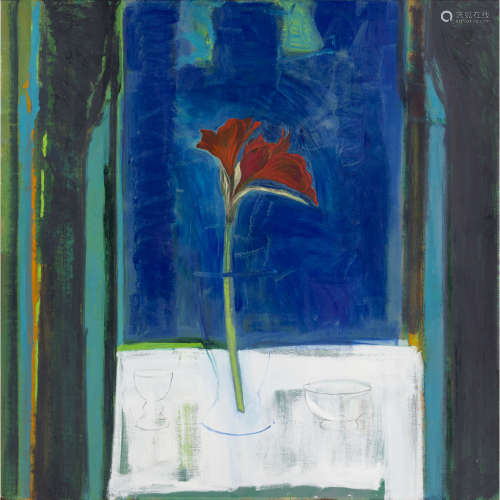 JANET MELROSE R.S.W. (SCOTTISH CONTEMPORARY) STILL LIFE ON A BLUE GROUND Oil on board,