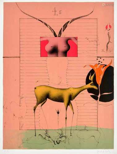 Paul Wunderlich (1927-2010), Komposition mit Akt und Reh, Farblithographie, u. re.handsign., u. li