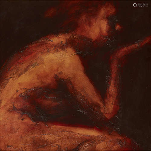 MARK DEMSTEADER (BRITISH B.1963) FIGURE IN PROFILE WITH RAISED HAND Oil on board 60cm x 60cm (