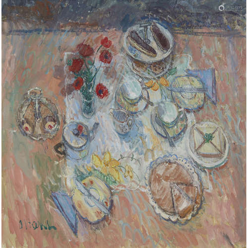 DONALD MANSON (SCOTTISH B.1948) STILL LIFE OF PICNIC Signed, oil on board 88cm x 90cm (34.5in