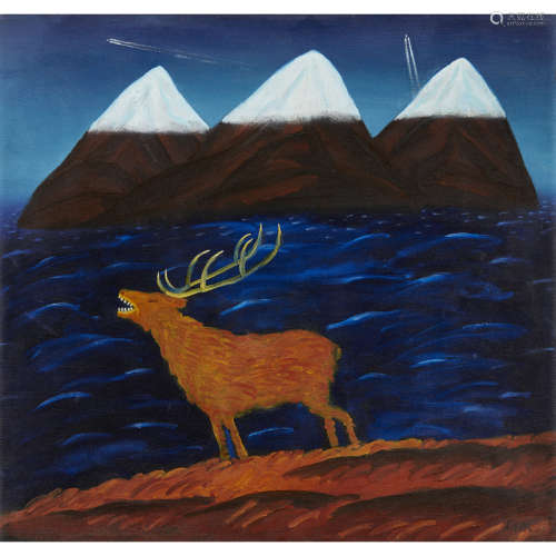 JACK KNOX R.S.A. (SCOTTISH 1936-2015) STAG IN A HIGHLAND GLEN Signed, signed stretcher verso,