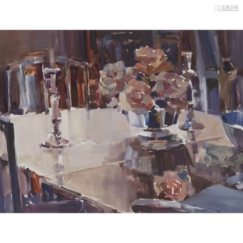 ETHEL WALKER (SCOTTISH B.1941) CANDLESTICK AND ROSES Signed, oil on board 55cm x 73cm (21.5in