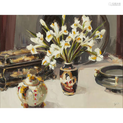 ETHEL WALKER (SCOTTISH B.1941) STILL-LIFE WITH MIXED DAFFODILS Signed, oil on board 39cm x 51.