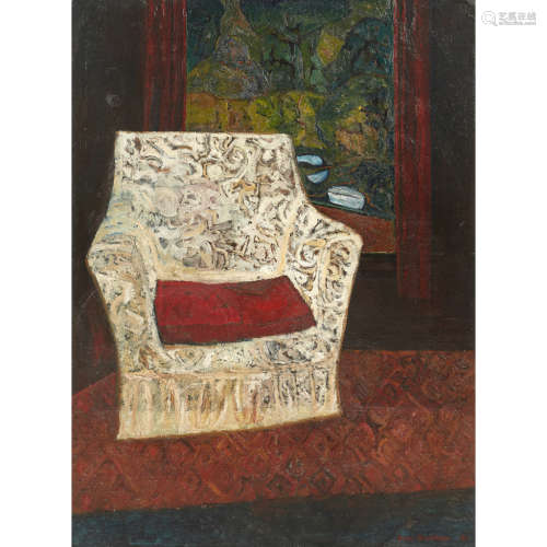BRIAN BRADSHAW (BRITISH/SOUTH AFRICAN B.1923) CHAIR BY GARDEN WINDOW Signed and dated '55, oil