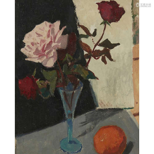 ALEXANDER GALT R.G.I. (SCOTTISH 1913-2000) STILL LIFE WITH PINK ROSE Oil on board 40cm x 32cm (