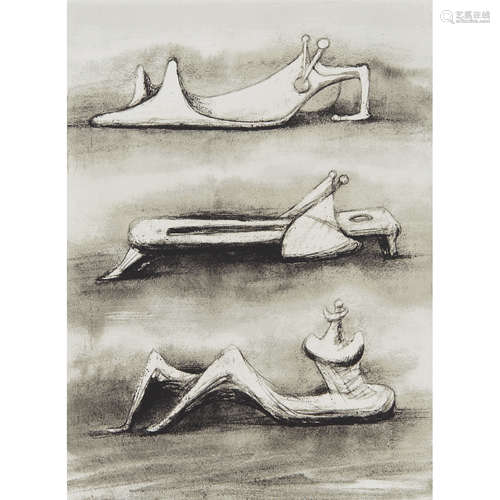 HENRY MOORE (BRITISH 1898-1986) FIGURES IN SNOW, 1976 Signed and inscribed with title and