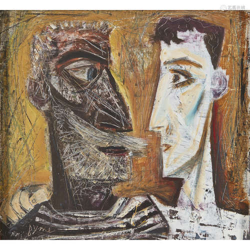 JOHN BYRNE (SCOTTISH B.1940) TWO HEADS Signed, oil on board 40cm x 43cm (15.75in x 17in)