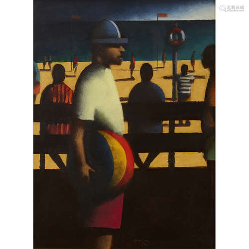 STEPHEN MANGAN (SCOTTISH B.1964) BEACH BALL Signed and dated '96, oil on board 37cm x 27cm (14.