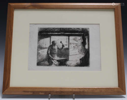 George Soper - Blacksmith at his Forge, 20th century etching, 16cm x 23.5cm, within a stained wood
