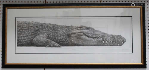 Gary Hodges - 'Nile Crocodile', monochrome print, signed and editioned 104/1500 in pencil, 28.5cm
