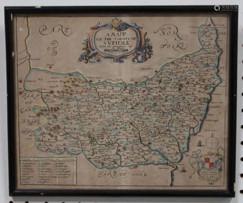 Richard Blome - 'A Mapp of the County of Suffolk', early 18th Century engraving with later hand-