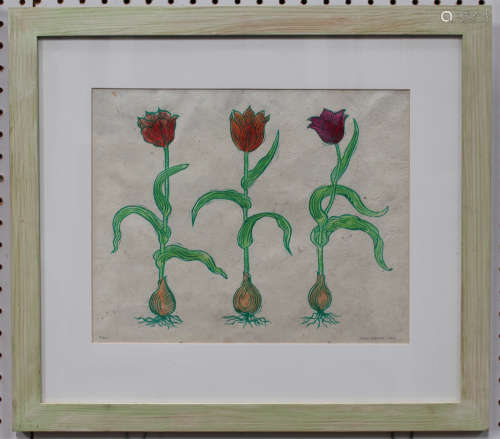 John Dilnot - Tulips, colour linocut, signed, dated 1998 and editioned 4/250 in pencil, 28cm x 35.