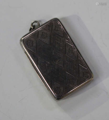 A George III silver rectangular vinaigrette with engraved trellis decoration, the hinged lid