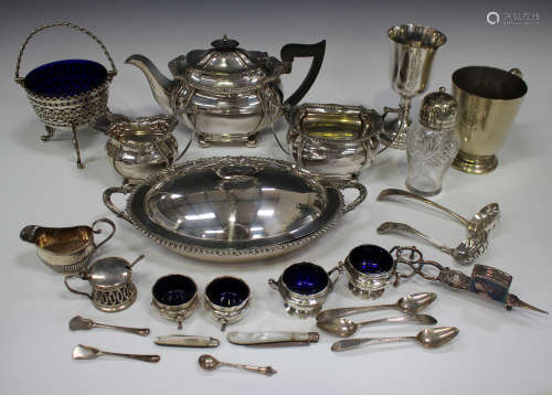 A small group of silver and plated items, including a mother-of-pearl folding fruit knife, Sheffield