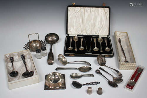 A set of six George VI silver teaspoons and a matching pair of sugar tongs, Birmingham 1937 by