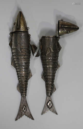 A graduated pair of late 19th/early 20th century Continental white metal articulated fish spice
