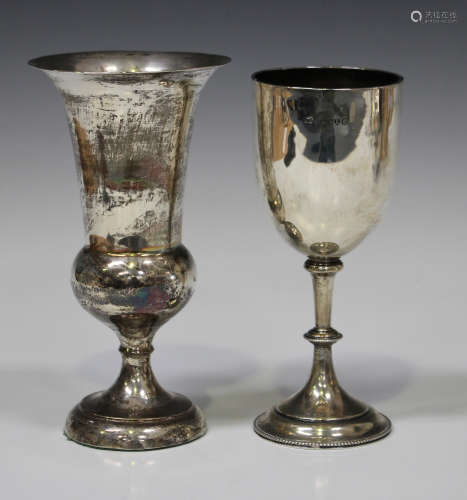 A Victorian silver goblet, the plain 'U' shaped body above a beaded knop stem and circular beaded