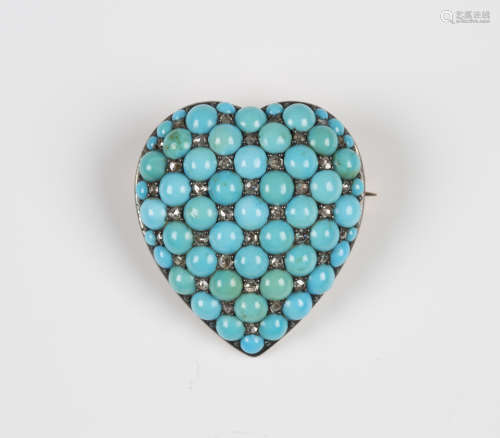 A gold backed and silver fronted diamond and turquoise brooch, designed as a heart, pavé set with